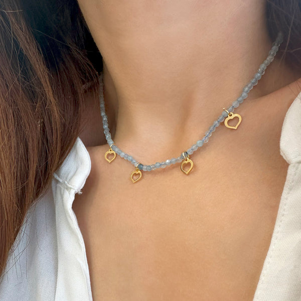 Aquamarine Choker Necklace with Small hearts