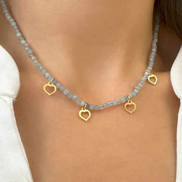 Aquamarine Choker Necklace with Small hearts