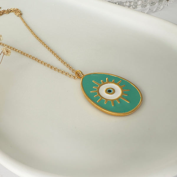 Greek Evil Eye Necklace hand painted with turquoise enamel