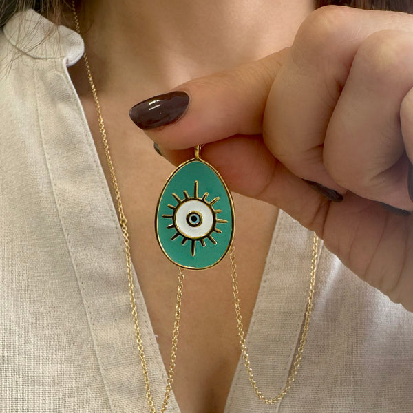 Greek Evil Eye Necklace hand painted with turquoise enamel