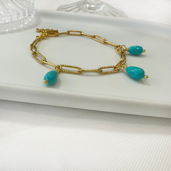 Paperclip chain bracelet with 3  Turquoise drop gems