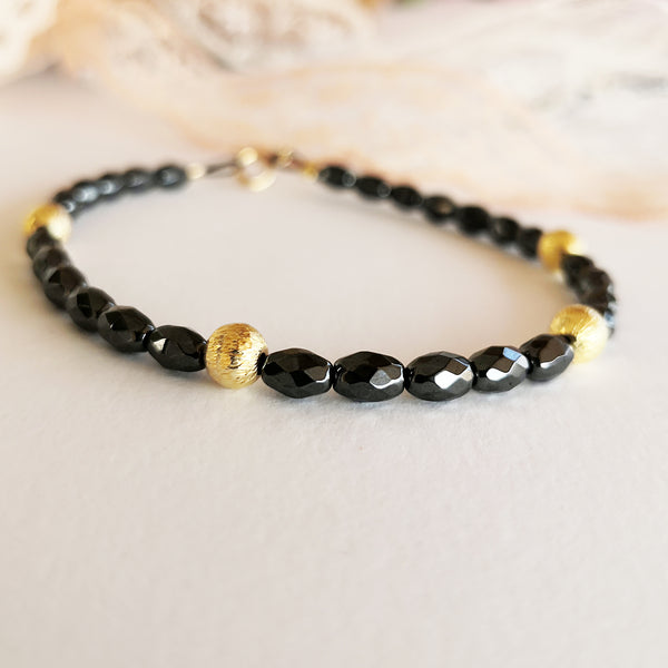 Dainty Boho Hematite Bracelet with gold beads