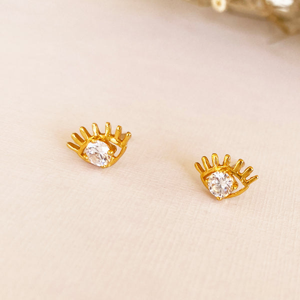 Tiny evil eye gold studs earrings | Sterling Silver 925