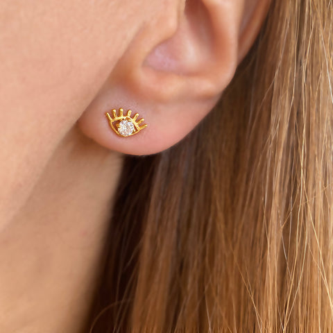 Tiny evil eye gold studs earrings | Sterling Silver 925