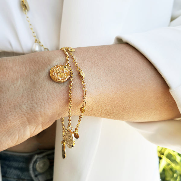 Gold Coin Bracelet with greek coins and drop pearls