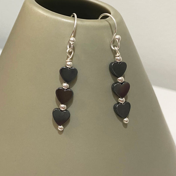 Black Heart Earrings - Handmade with Hematite Hearts and Sterling Silver