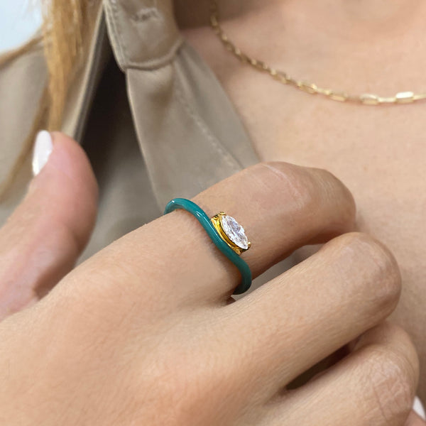 White Zircon Ring with Handpainted enamel.  Silver 925 - 24k gold finish