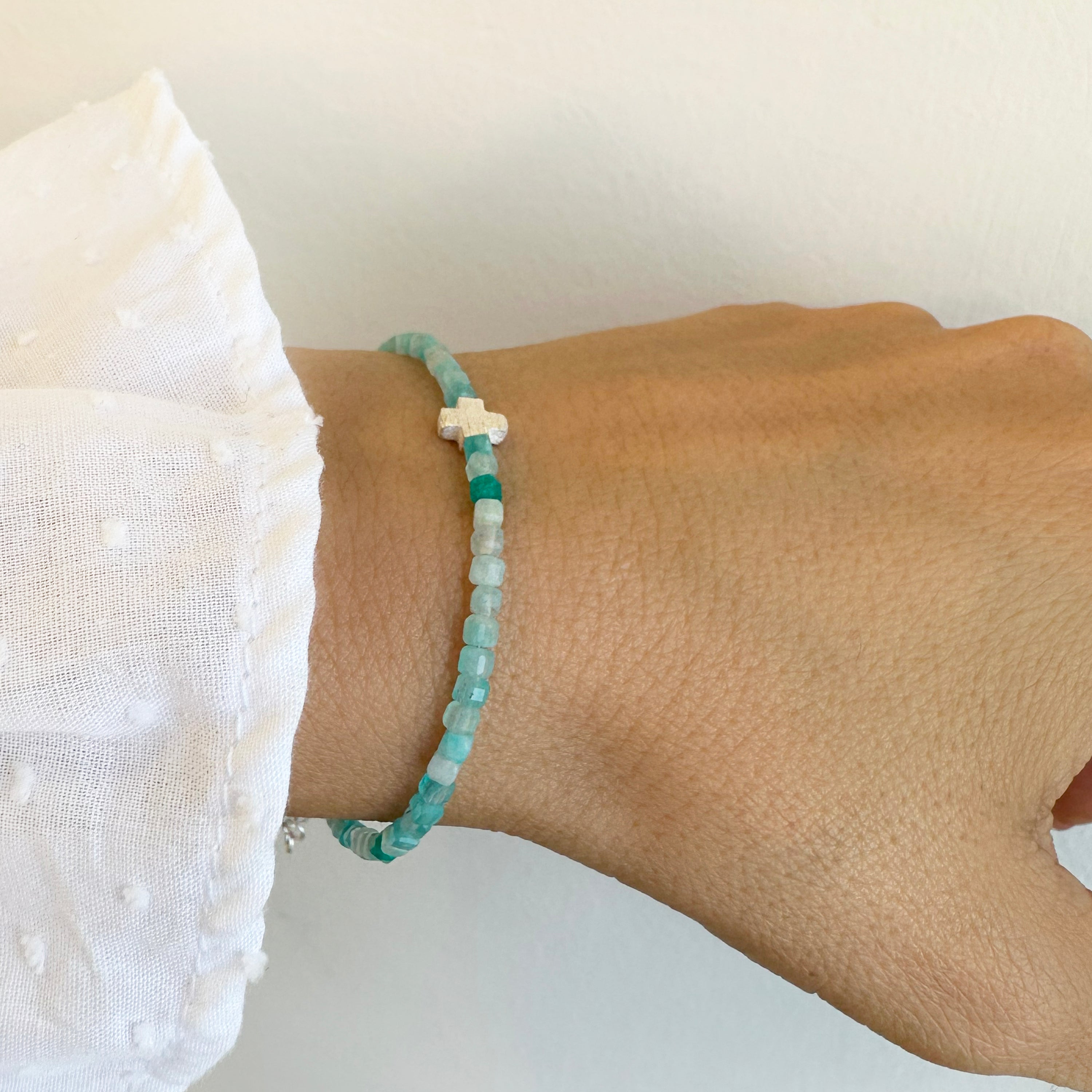 Raw Amazonite Crystal Bracelet with a Tiny silver 925 cross