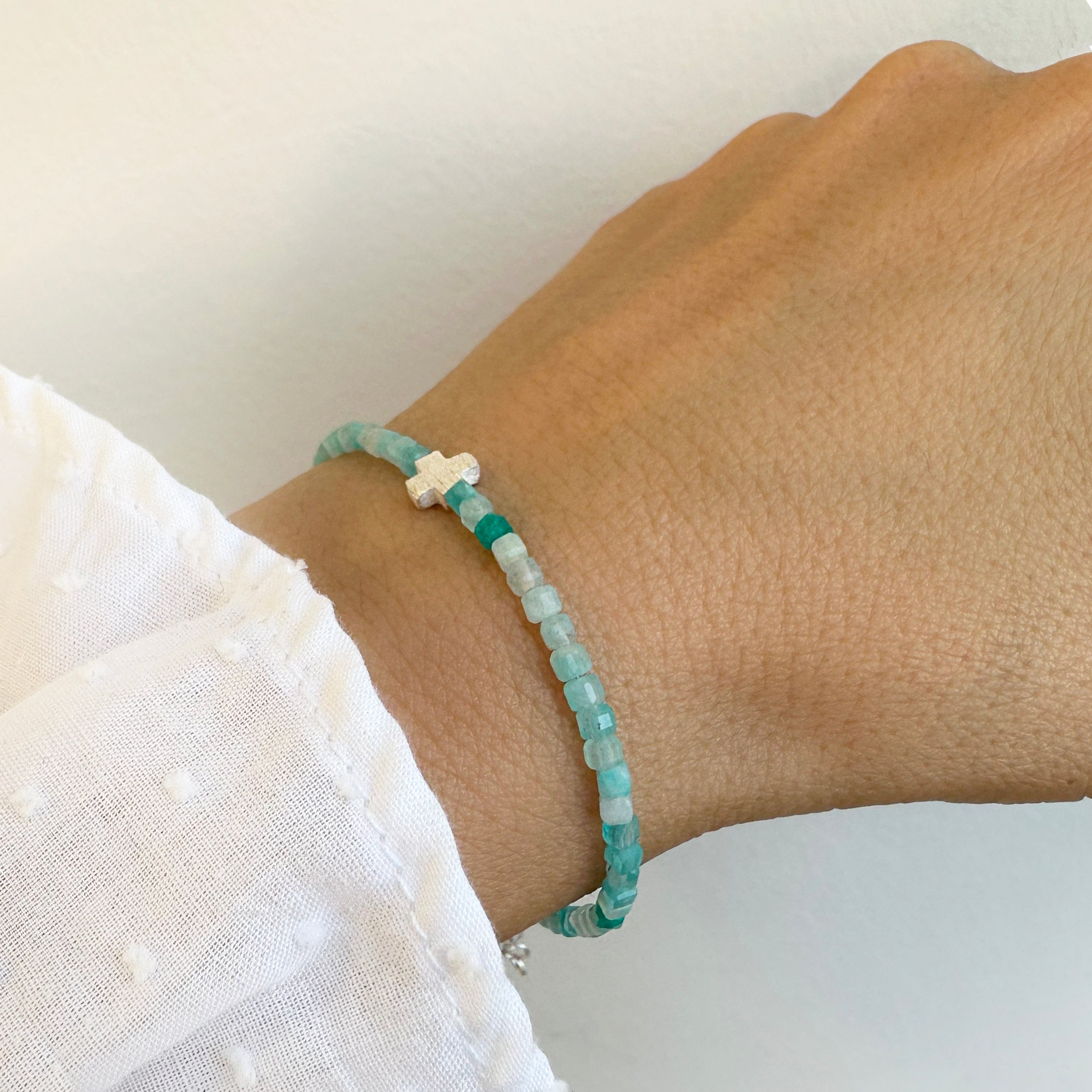 Raw Amazonite Crystal Bracelet with a Tiny silver 925 cross