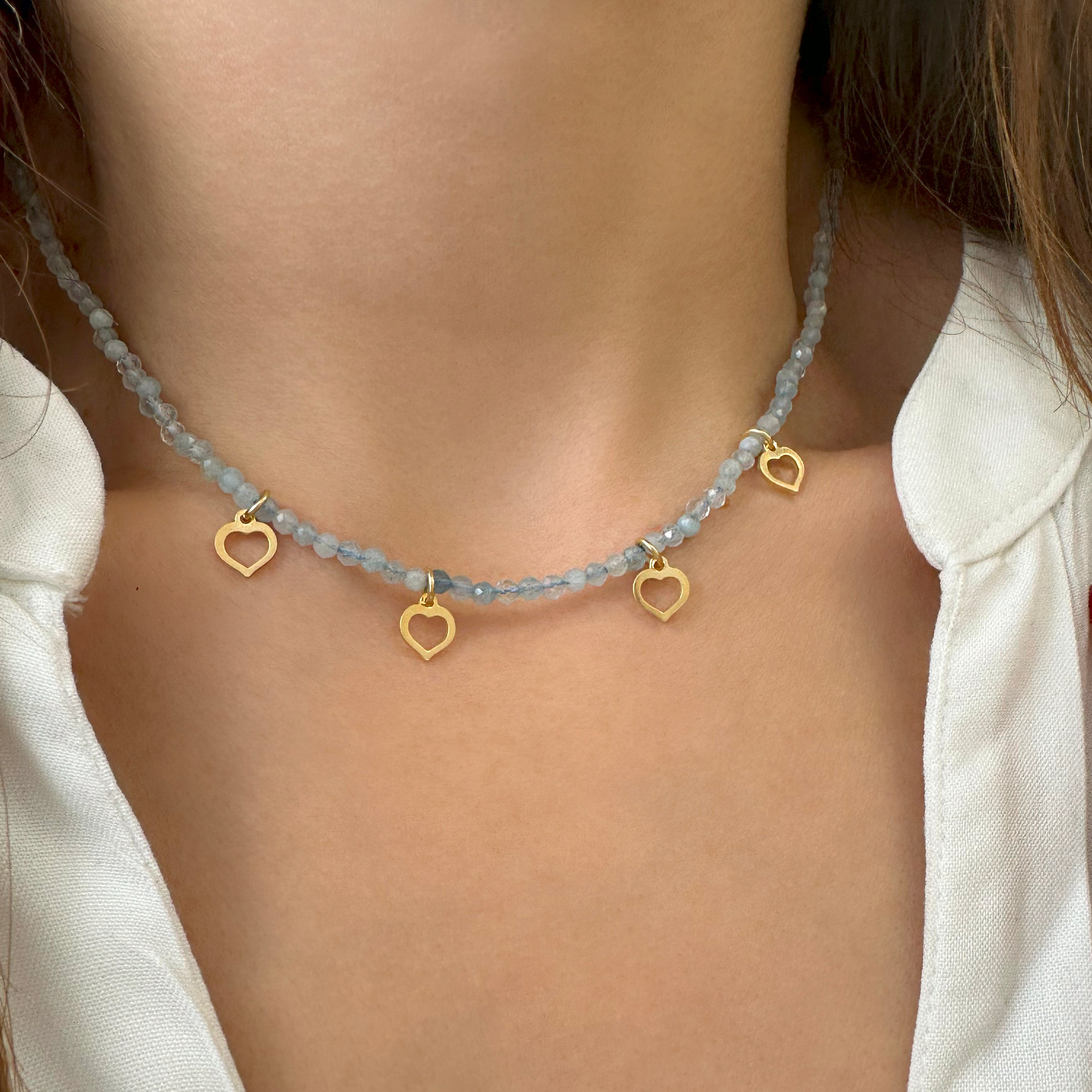 Aquamarine Choker Necklace with Small hearts