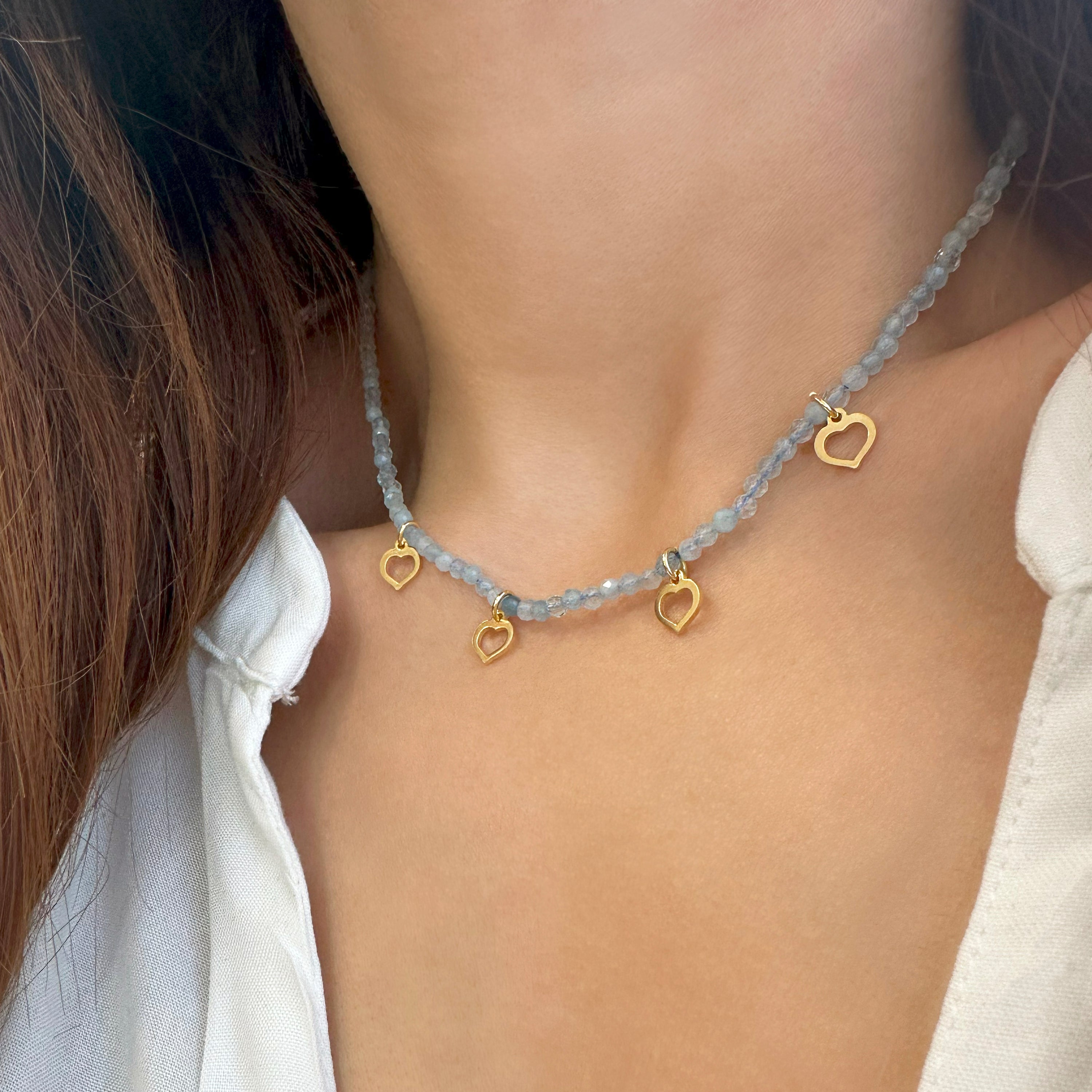 Aquamarine Choker Necklace with Small hearts