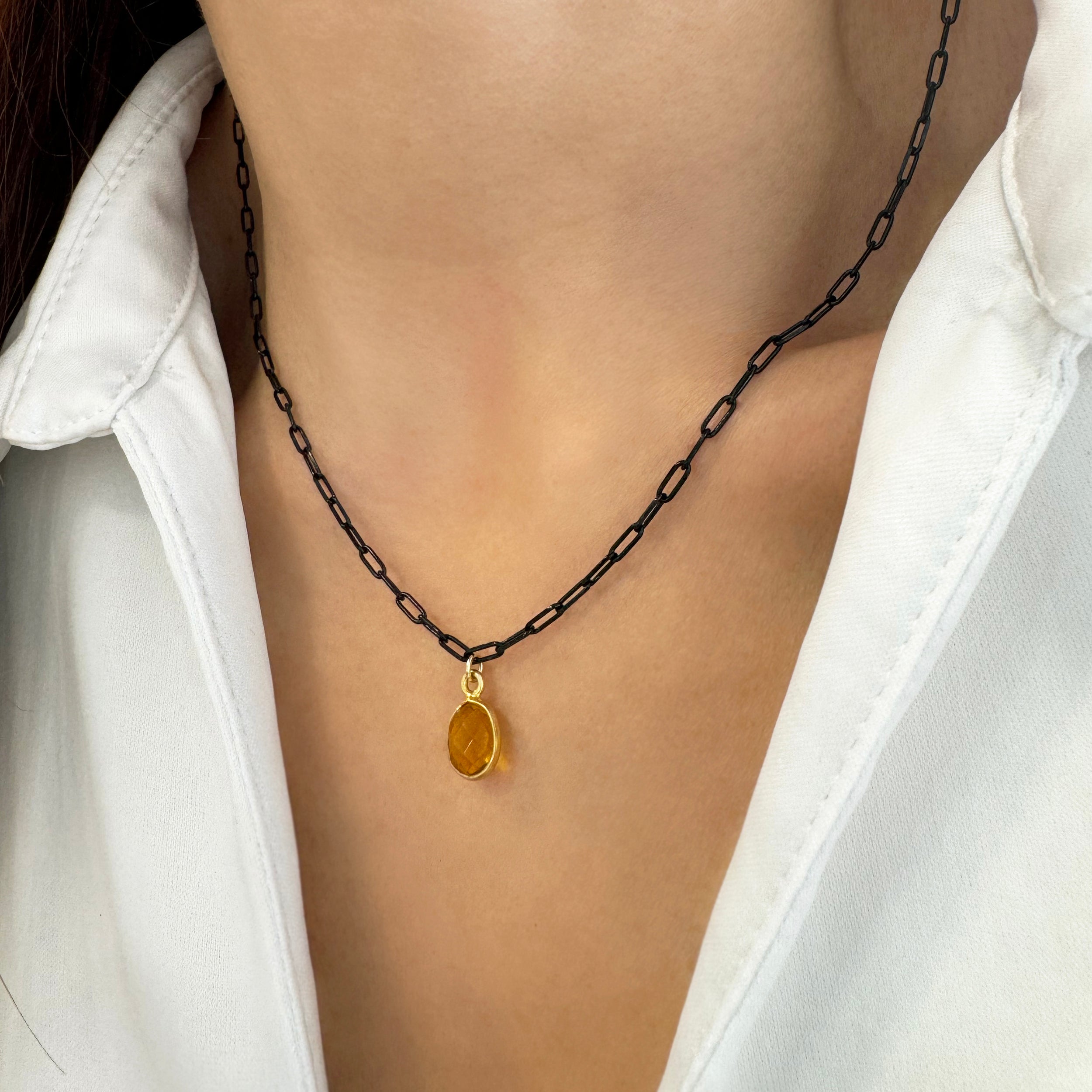 Citrine Pendant Necklace on Black Paperclip Chain