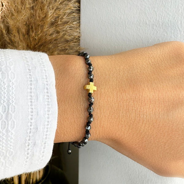 Gold Cross Bracelet with hematite gemstone and Good Luck Knots