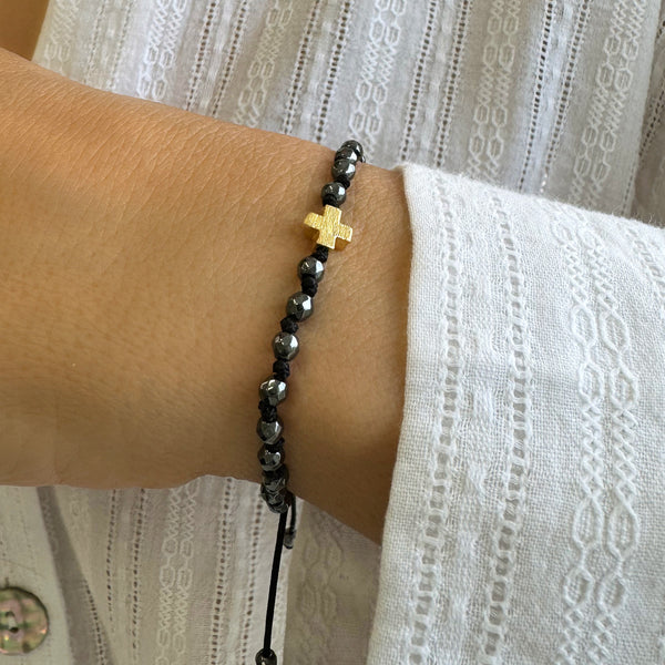 Gold Cross Bracelet with hematite gemstone and Good Luck Knots