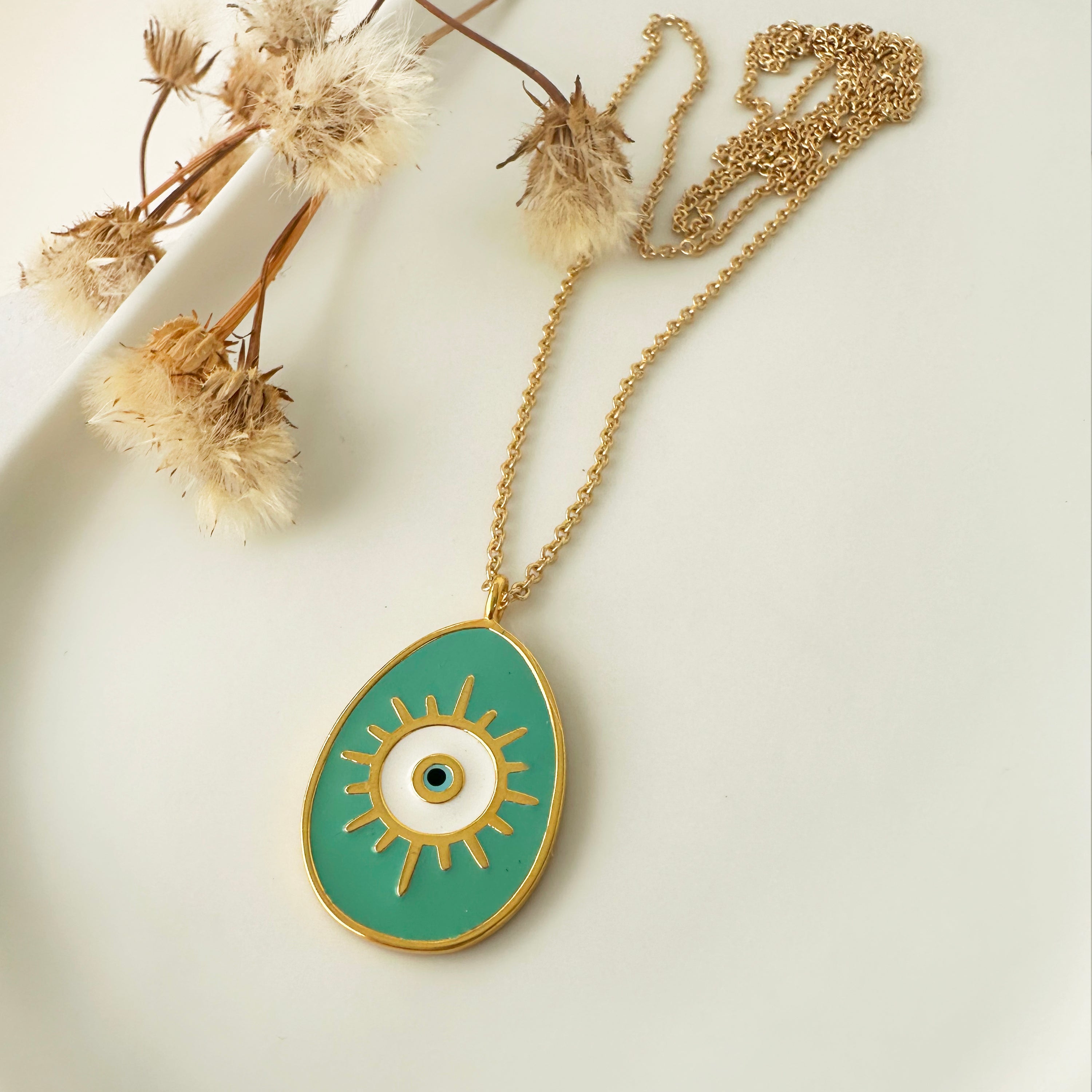 Greek Evil Eye Necklace hand painted with turquoise enamel