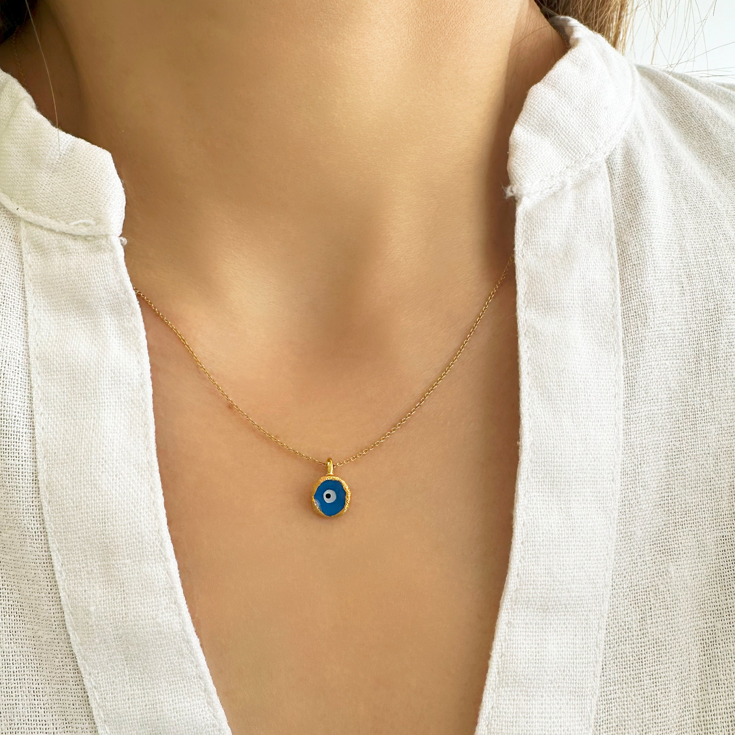 Sterling Silver Dark Blue Glass Two-Sided Evil Eye Pendant Necklace – 18 Inch