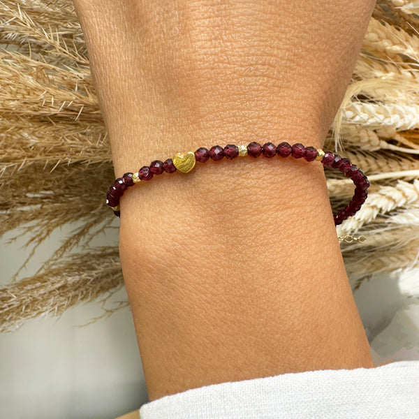 Red Garnet crystal bracelet with a tiny gold heart