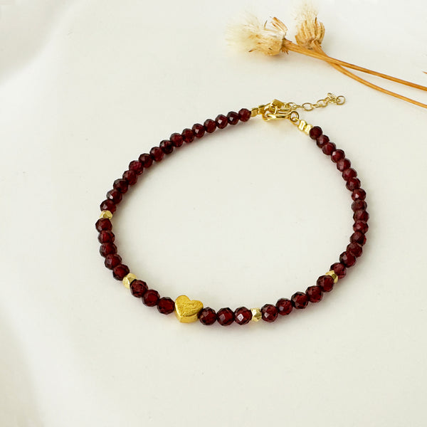 Red Garnet crystal bracelet with a tiny gold heart