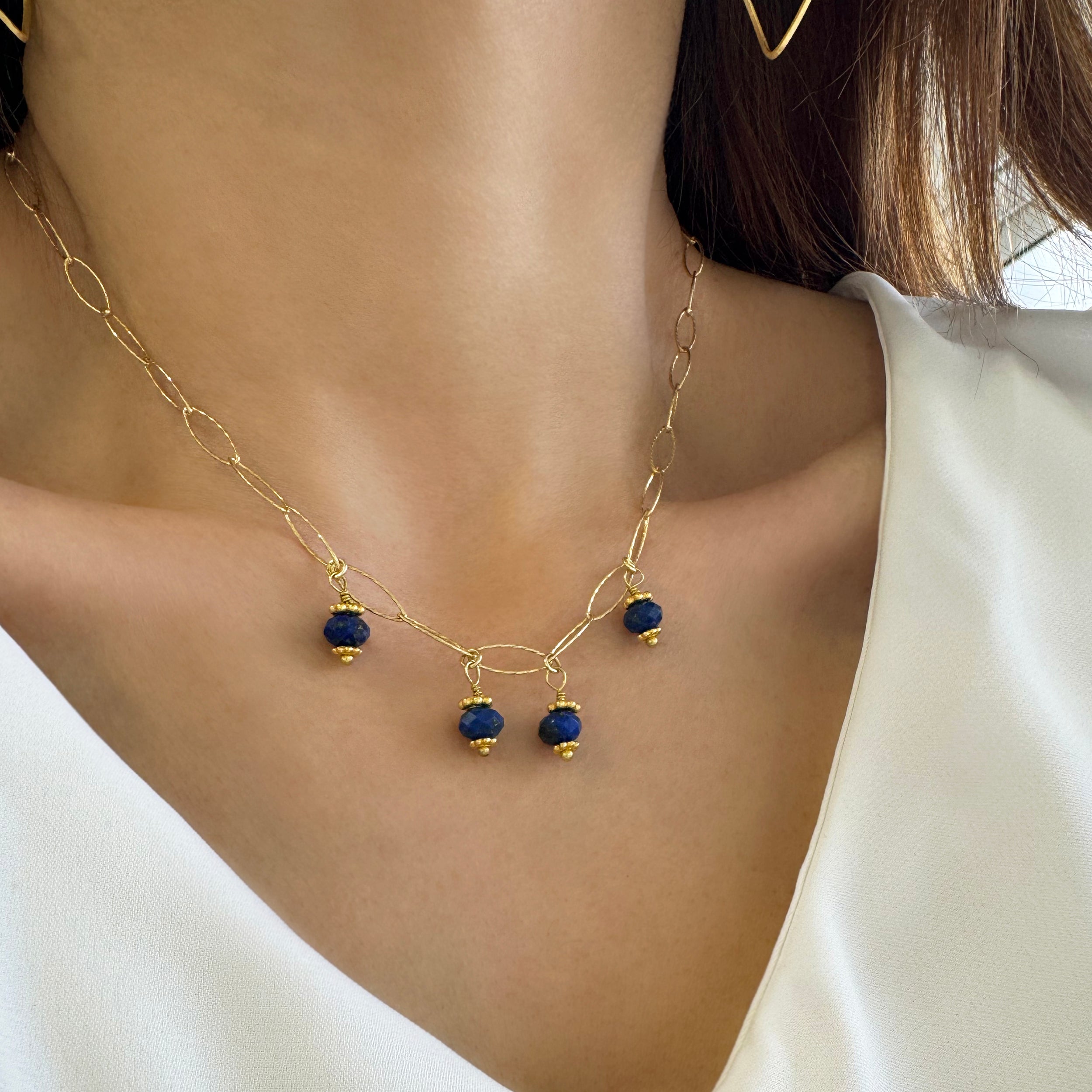 Multi charm necklace with Paperclip Chain and Lapis Lazuli Pendants