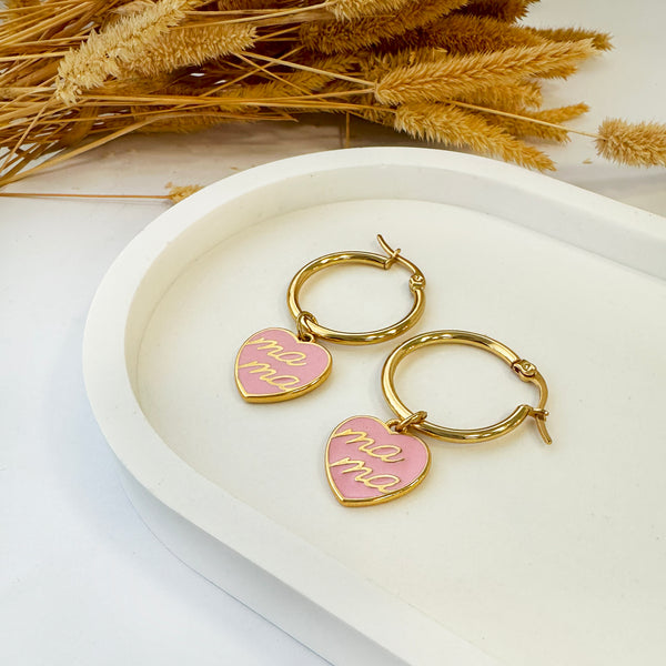 Mama earrings, Heart hoop earrings