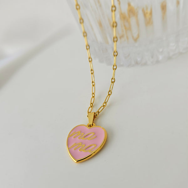 Mama Necklace with a pink heart pendant
