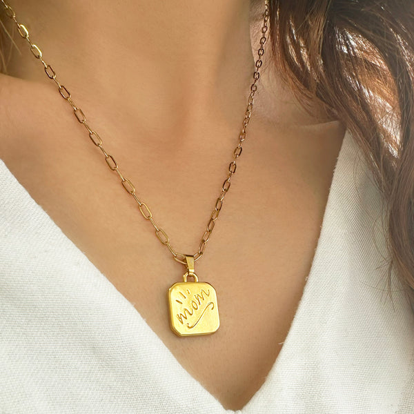 Mom Necklace with a square gold  pendant.