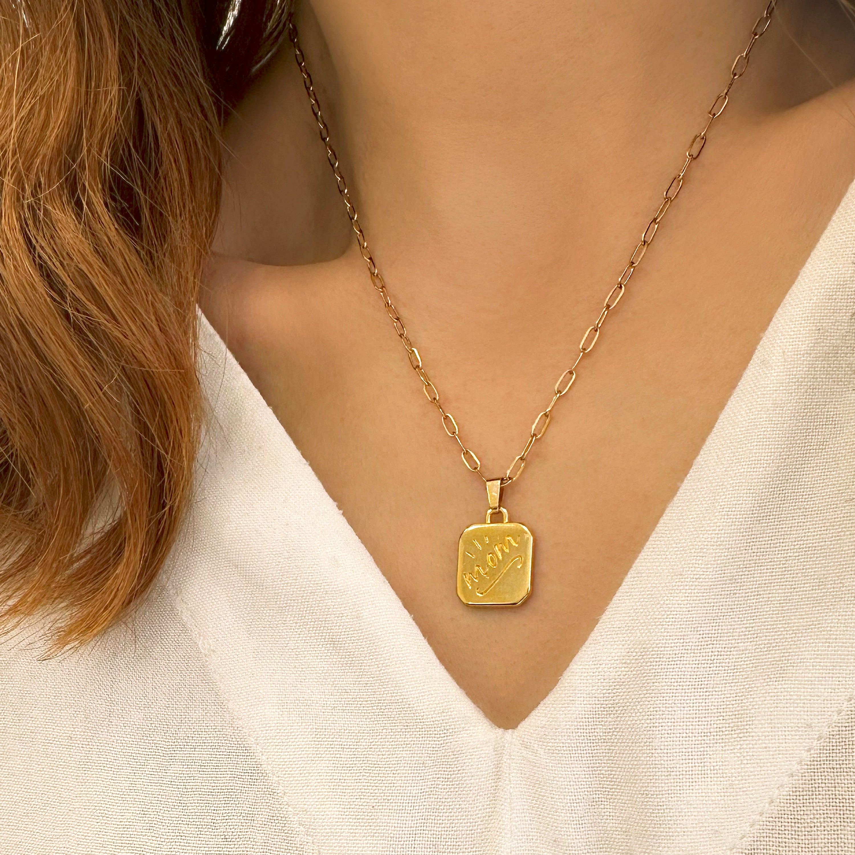 Mom Necklace with a square gold  pendant.