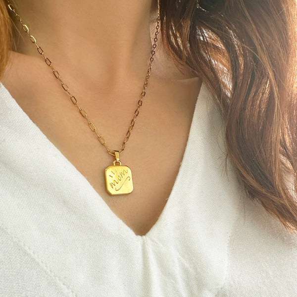 Mom Necklace with a square gold  pendant.