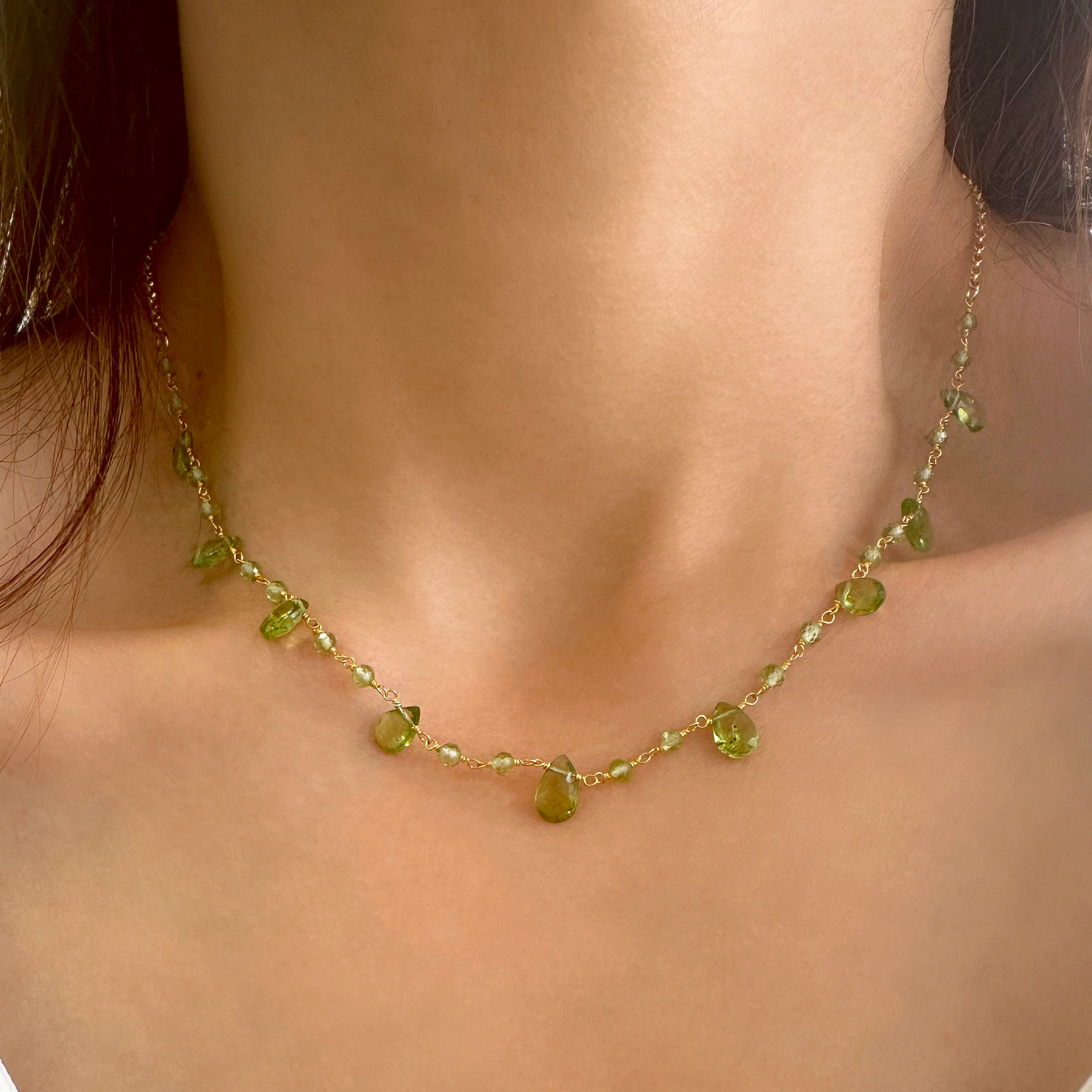 Raw Peridot Necklace in a rosary chain