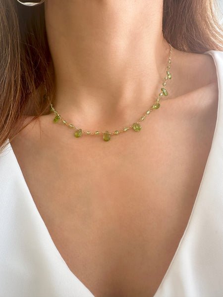 Raw Peridot Necklace in a rosary chain