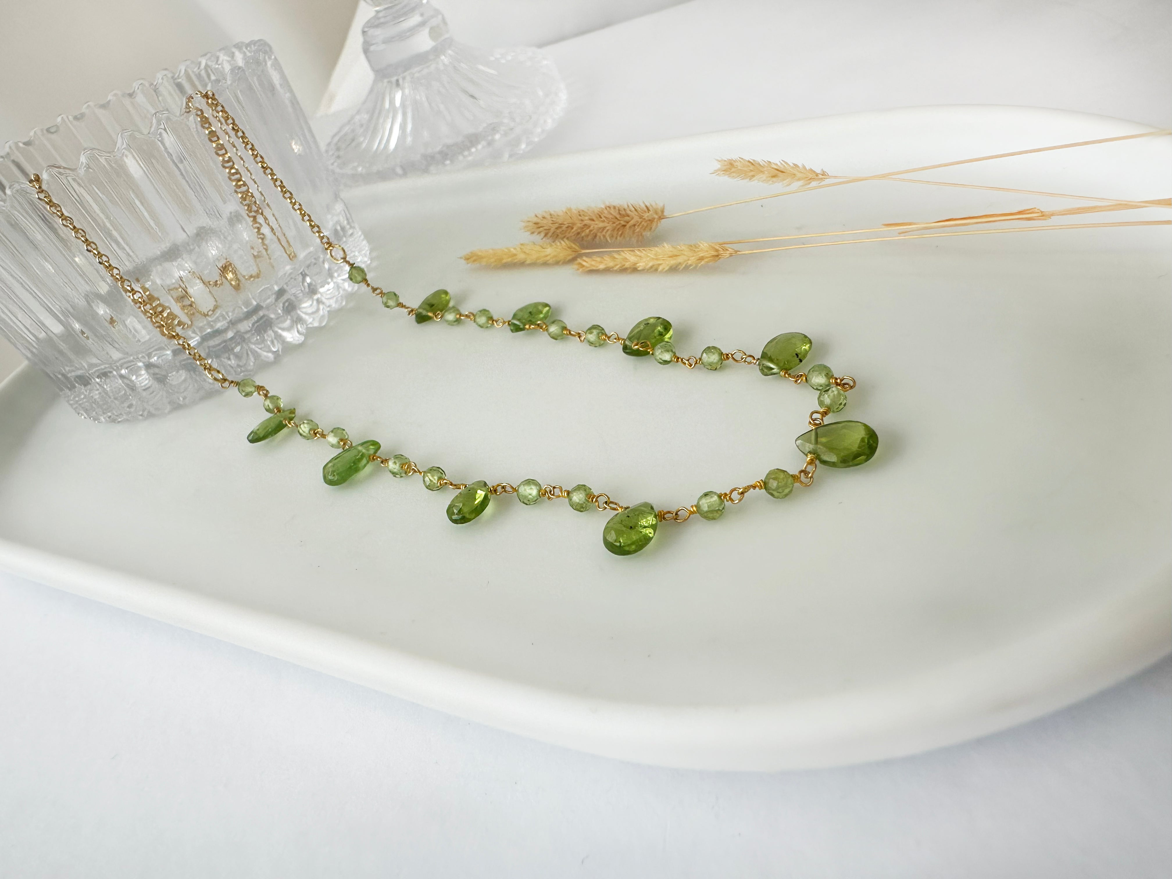 Raw Peridot Necklace in a rosary chain