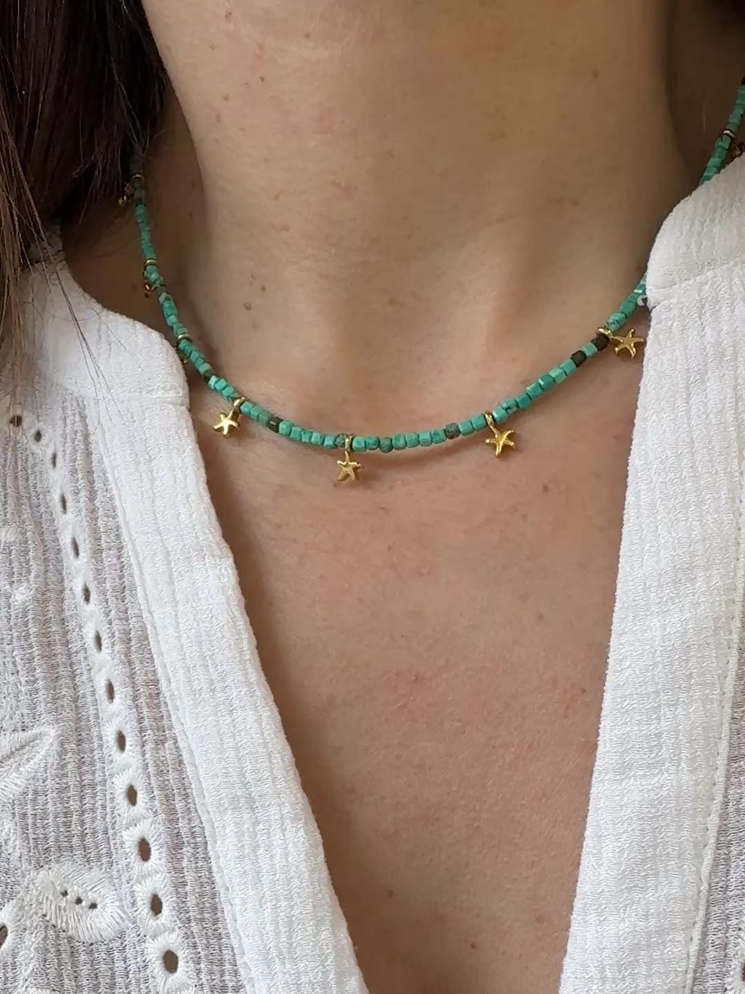 Load video: Turquoise Seed bead necklace with tiny gold starfish