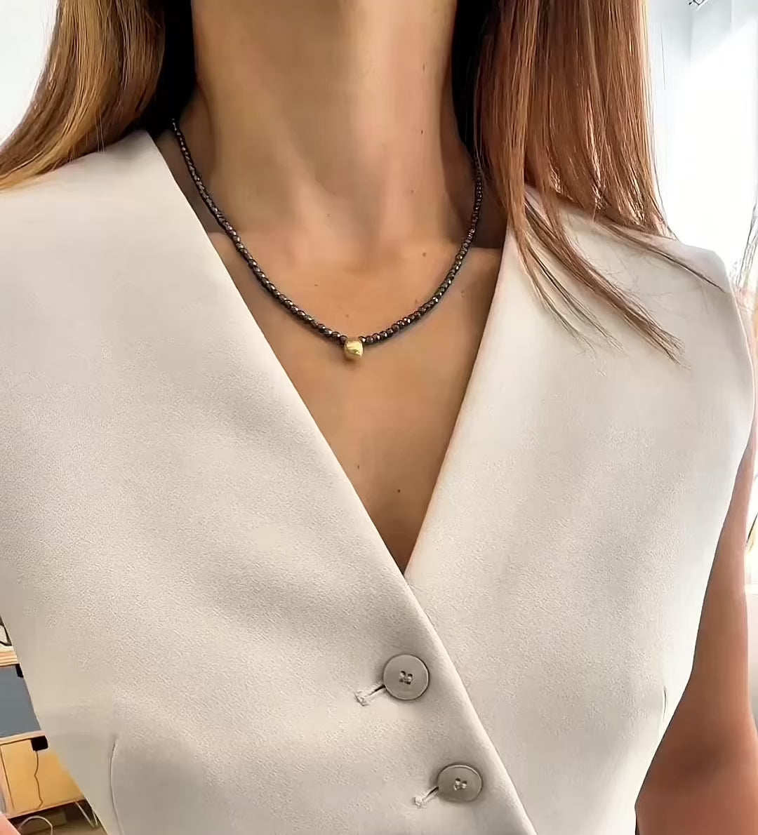 Load video: Gold Drop Hematite Necklace