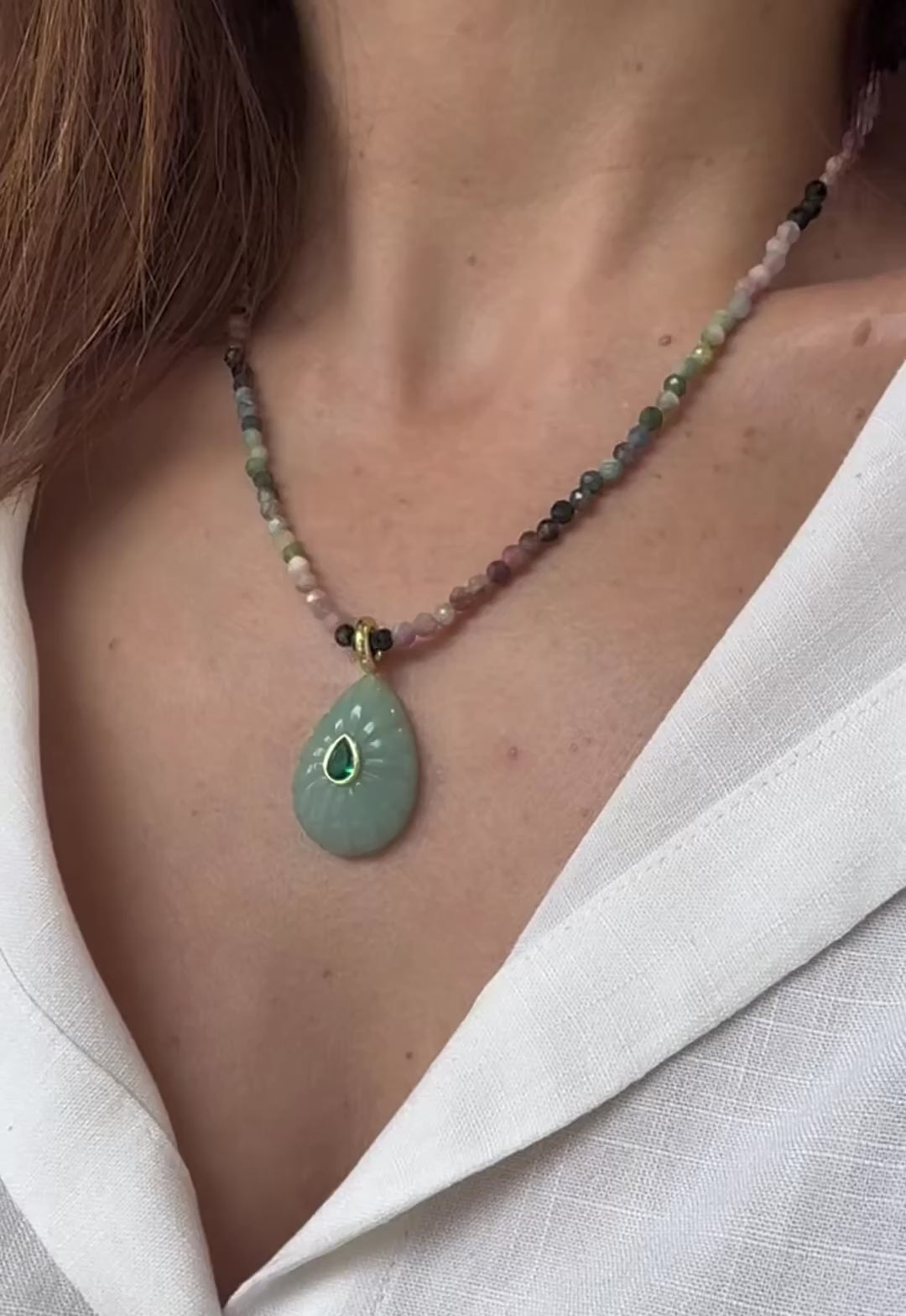 Load video: Aventurine pendant on Tourmaline necklace
