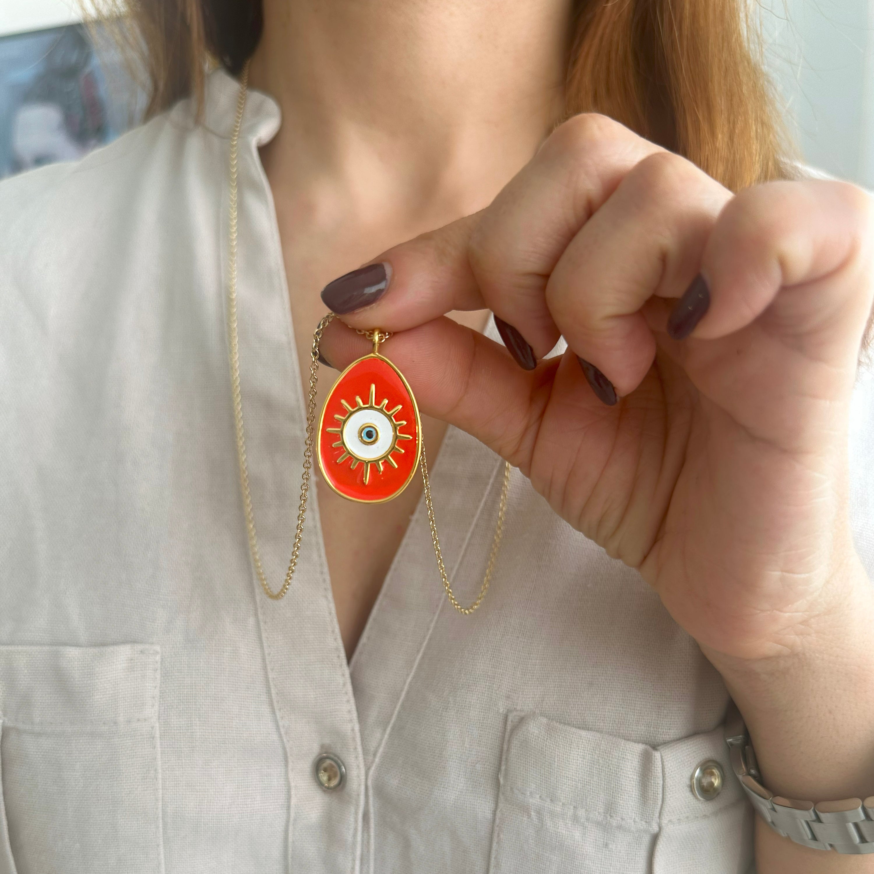 Greek Evil Eye Necklace hand painted with red enamel