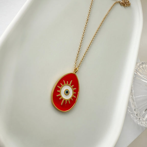 Greek Evil Eye Necklace hand painted with red enamel