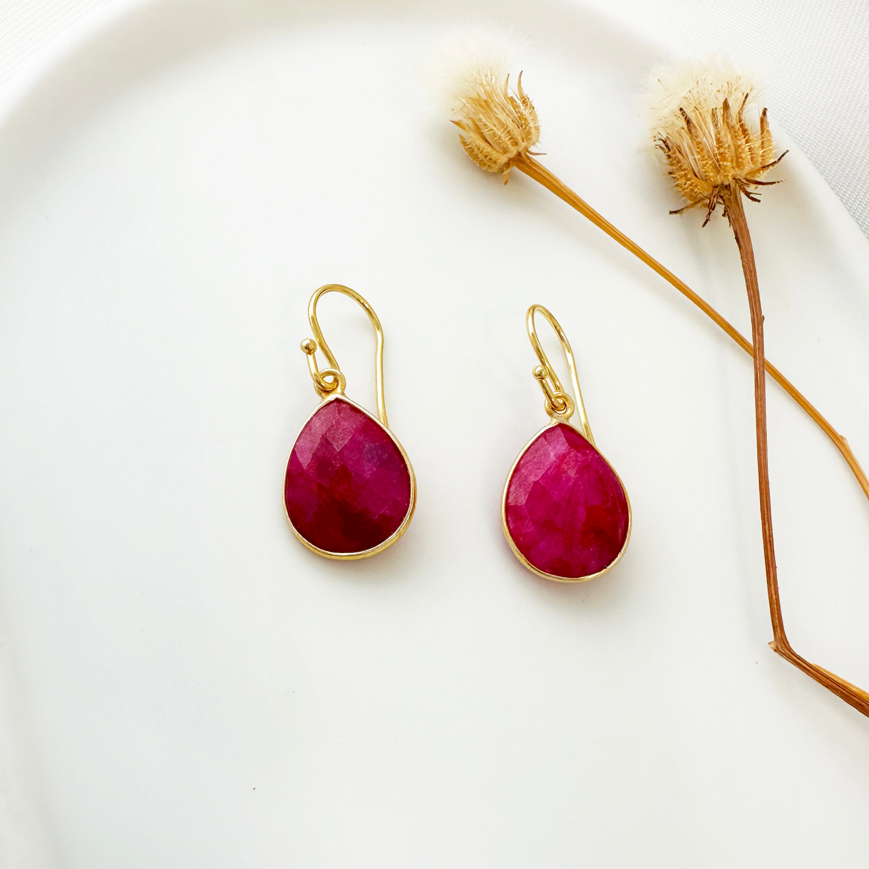 Raw Red Ruby Earrings - Silver 925