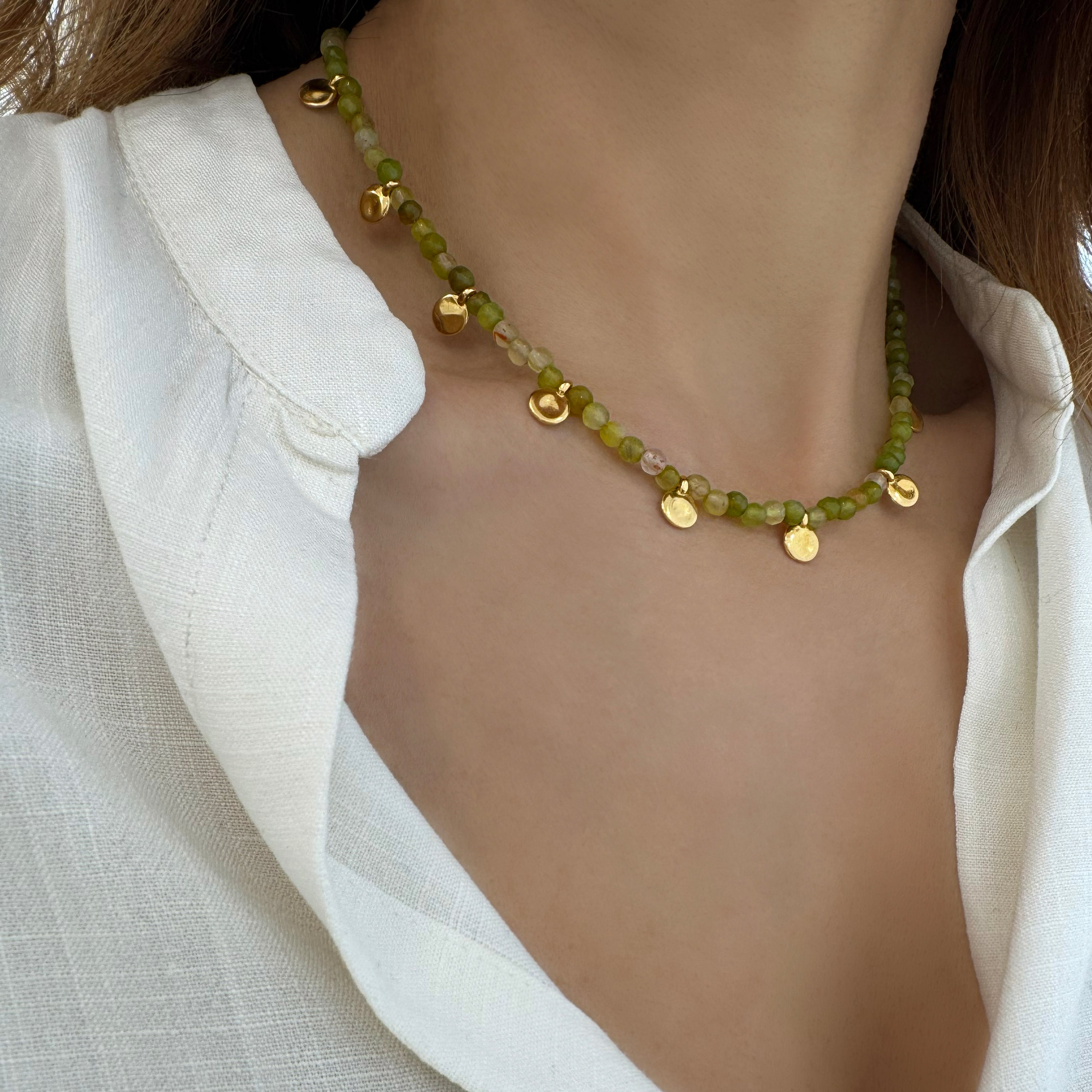 August Necklace: Agate gemstone choker with small gold coins