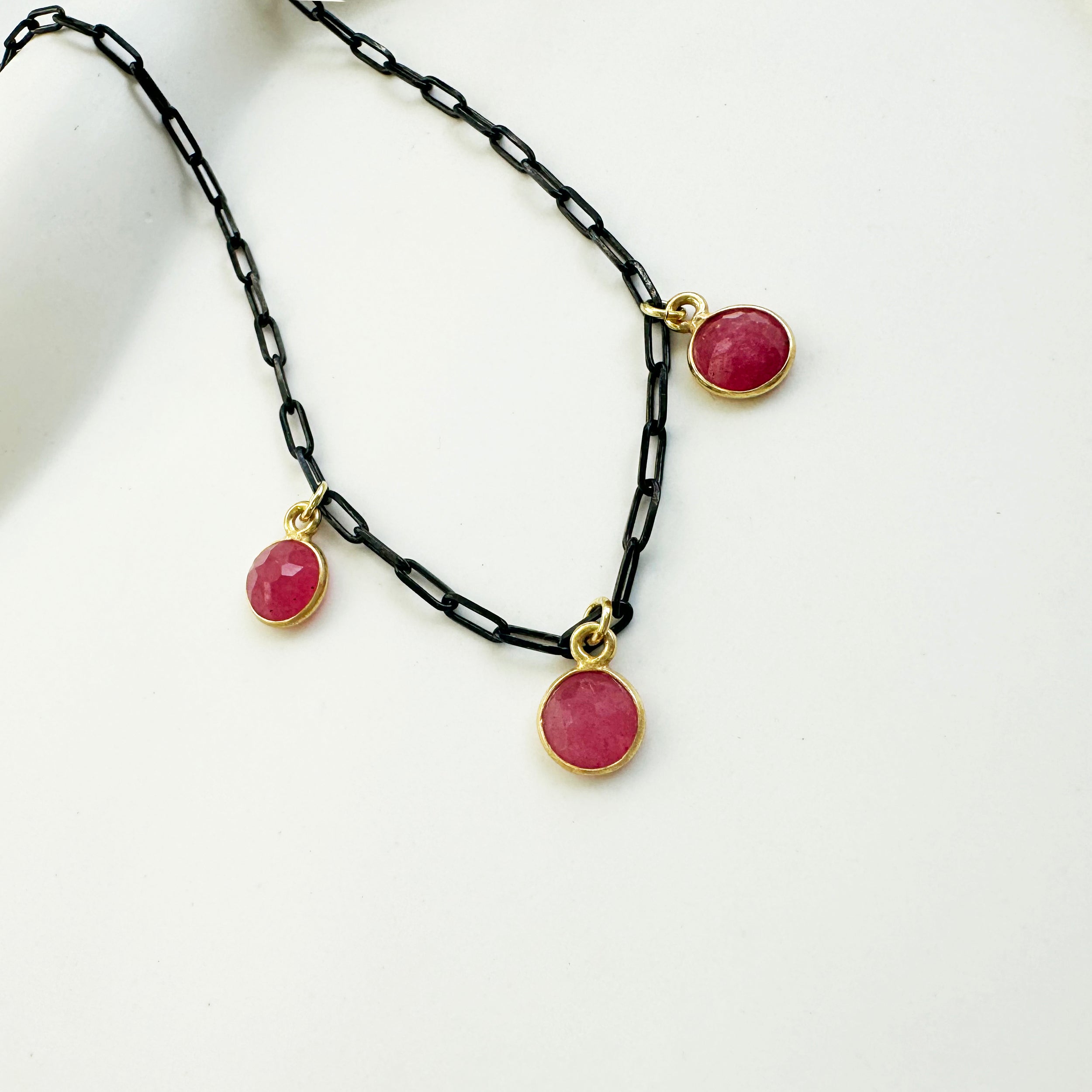 Multi charm necklace with Black  Paperclip Chain and  Ruby Pendants