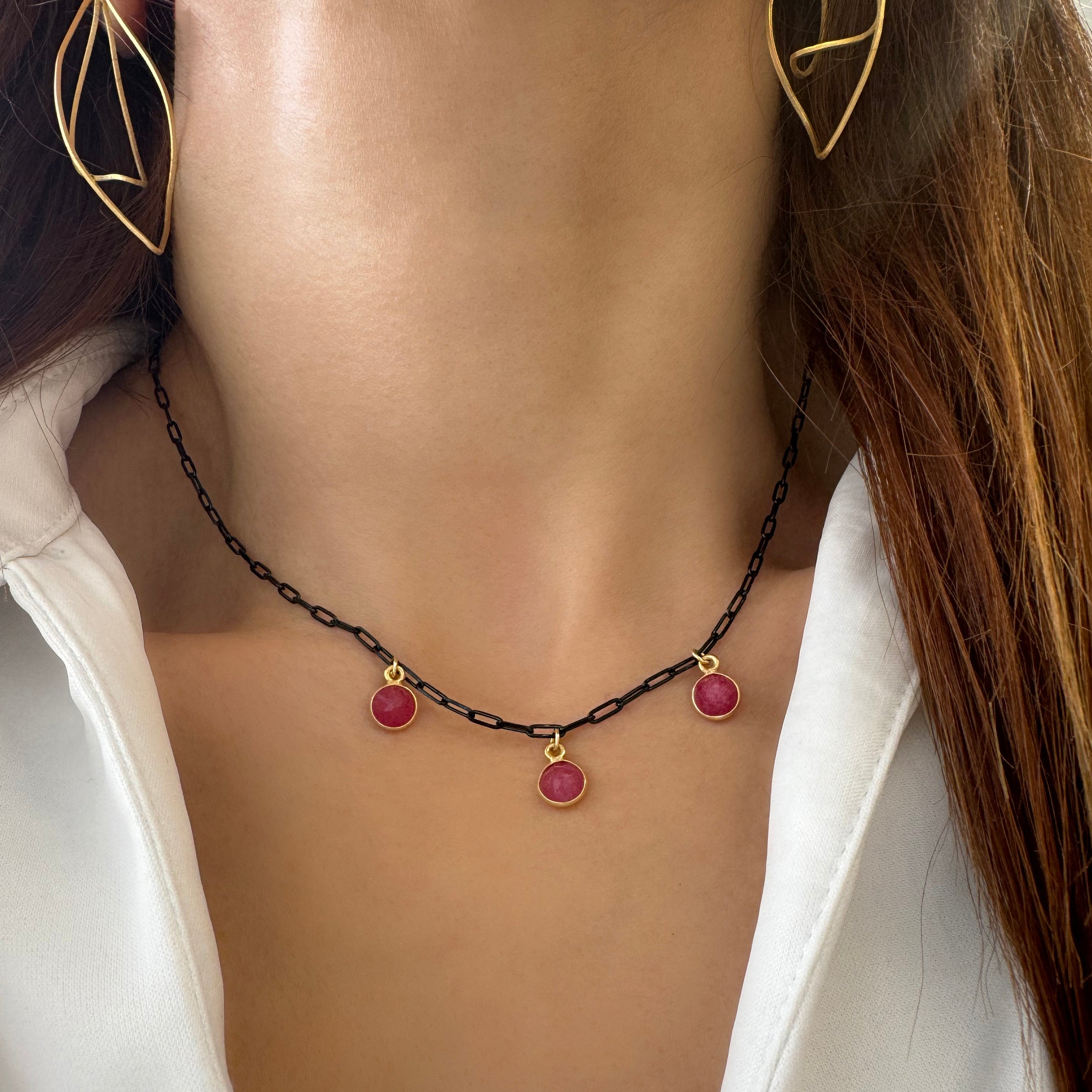 Multi charm necklace with Black  Paperclip Chain and  Ruby Pendants