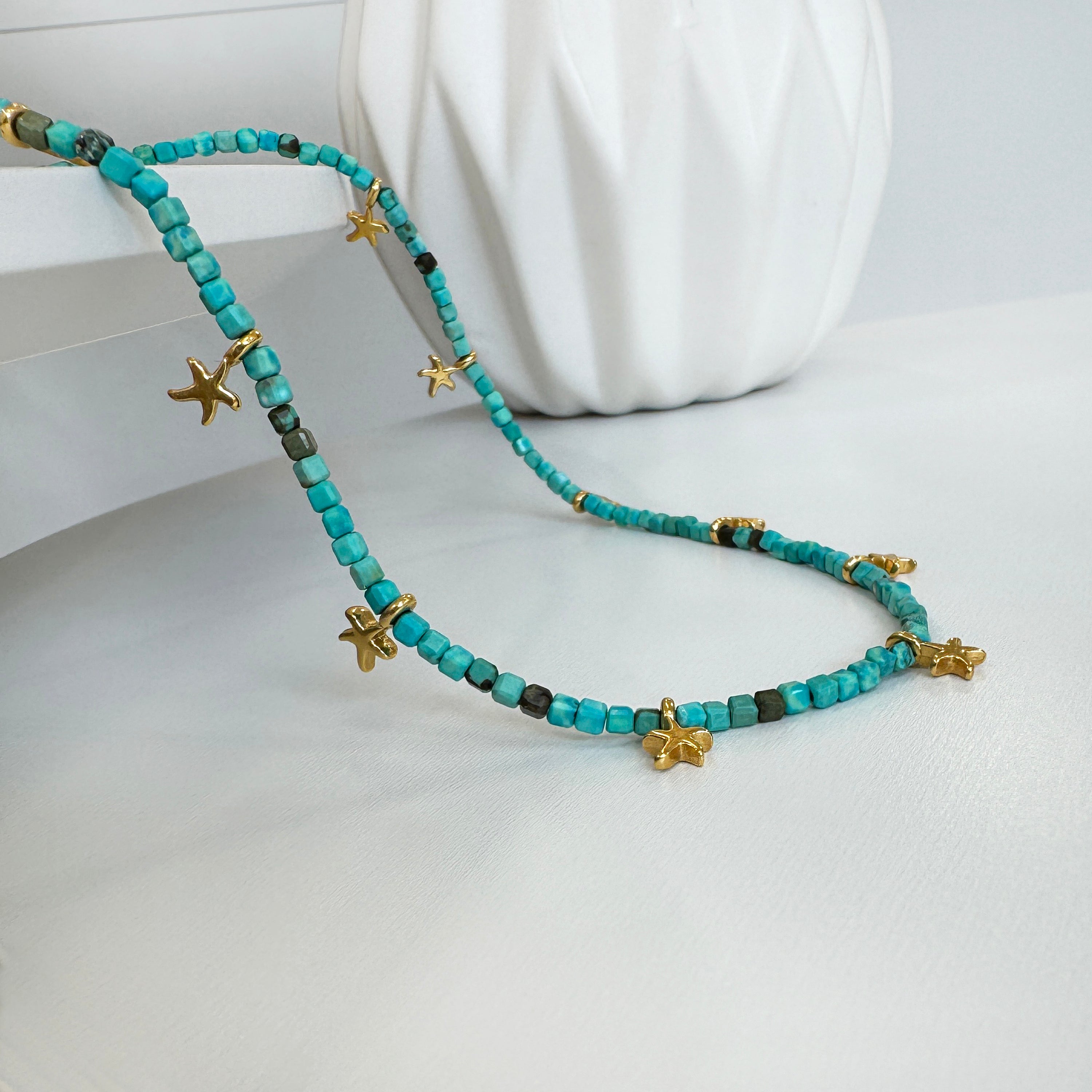 Turquoise Seed bead necklace with tiny gold starfish