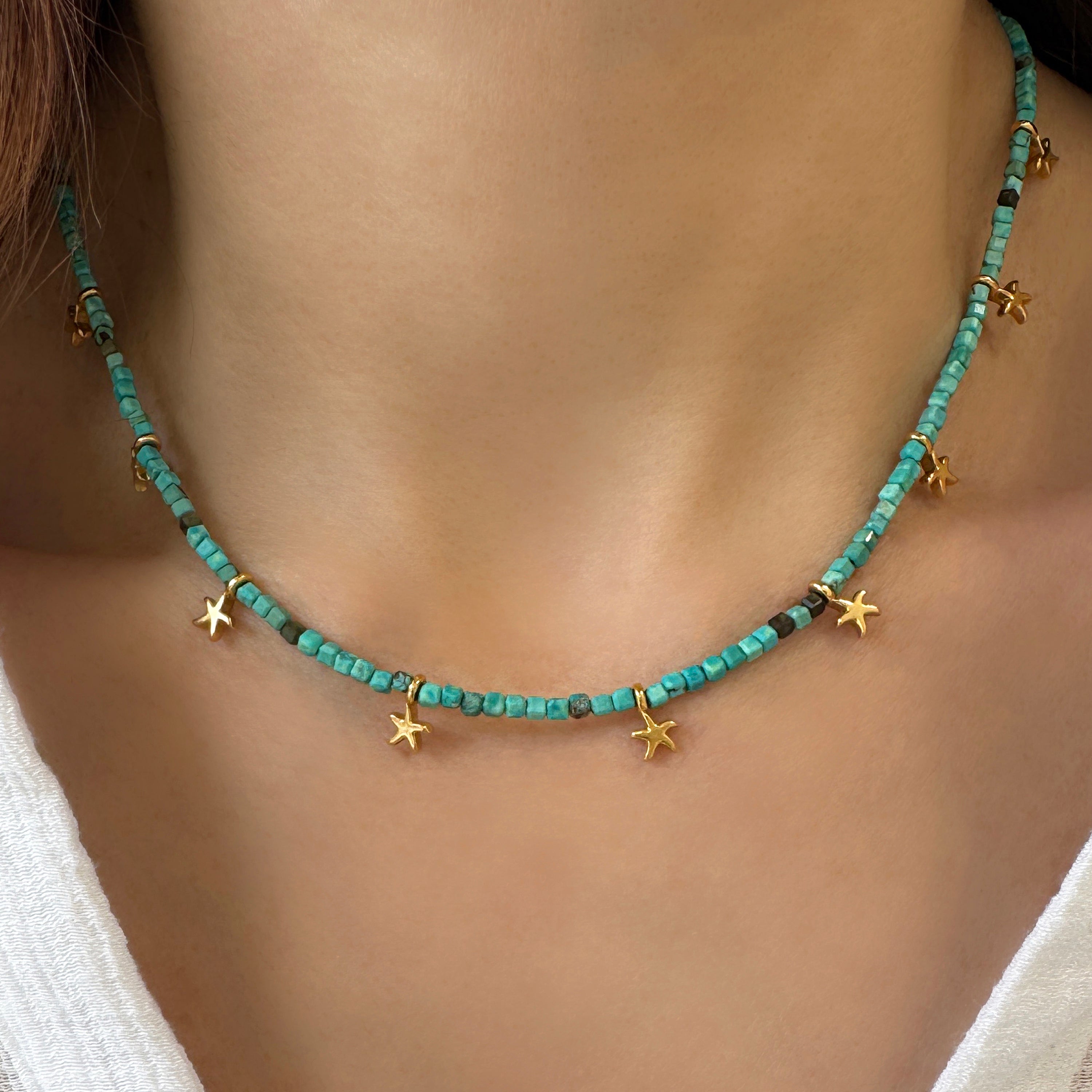 Turquoise Seed bead necklace with tiny gold starfish
