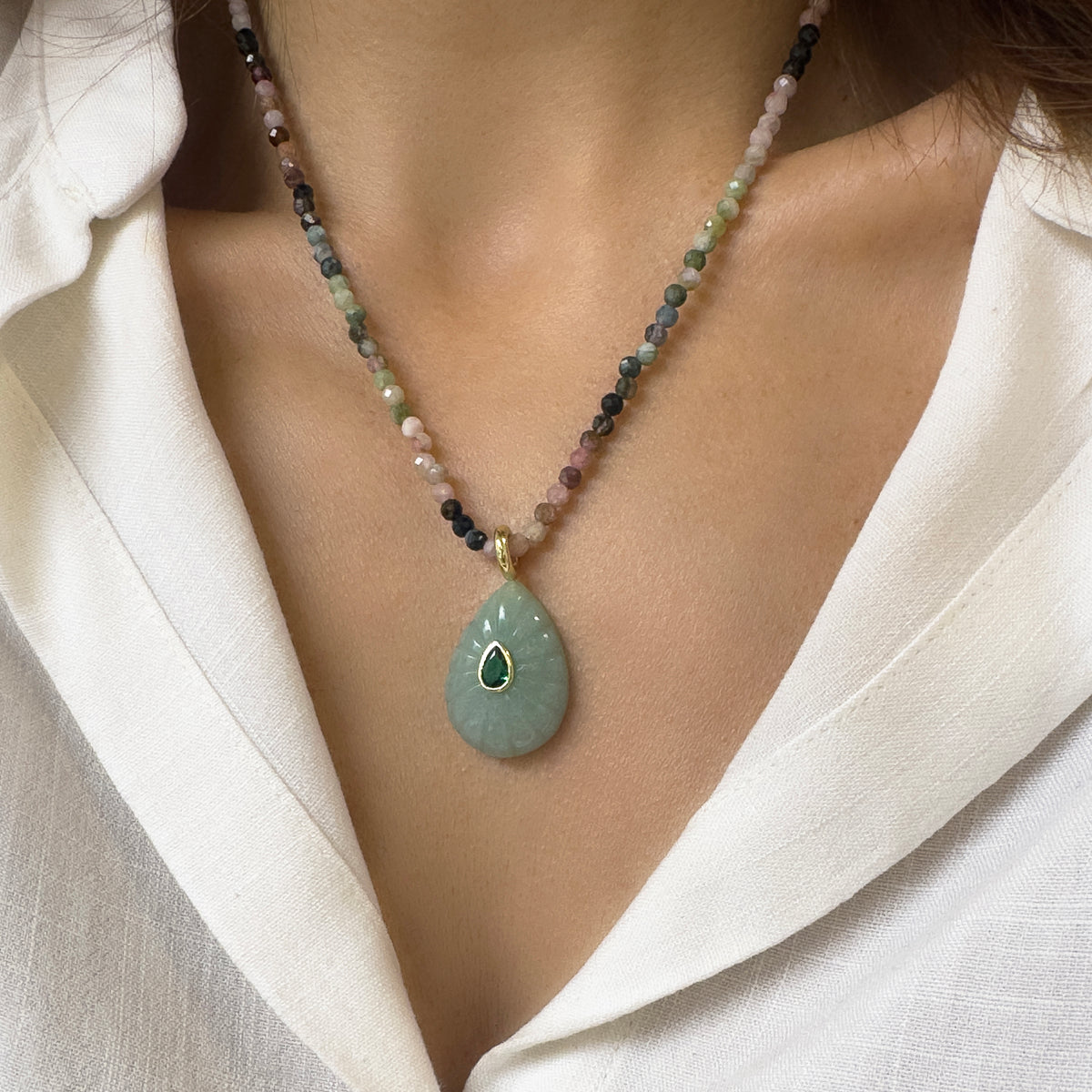 Aventurine pendant on Tourmaline necklace