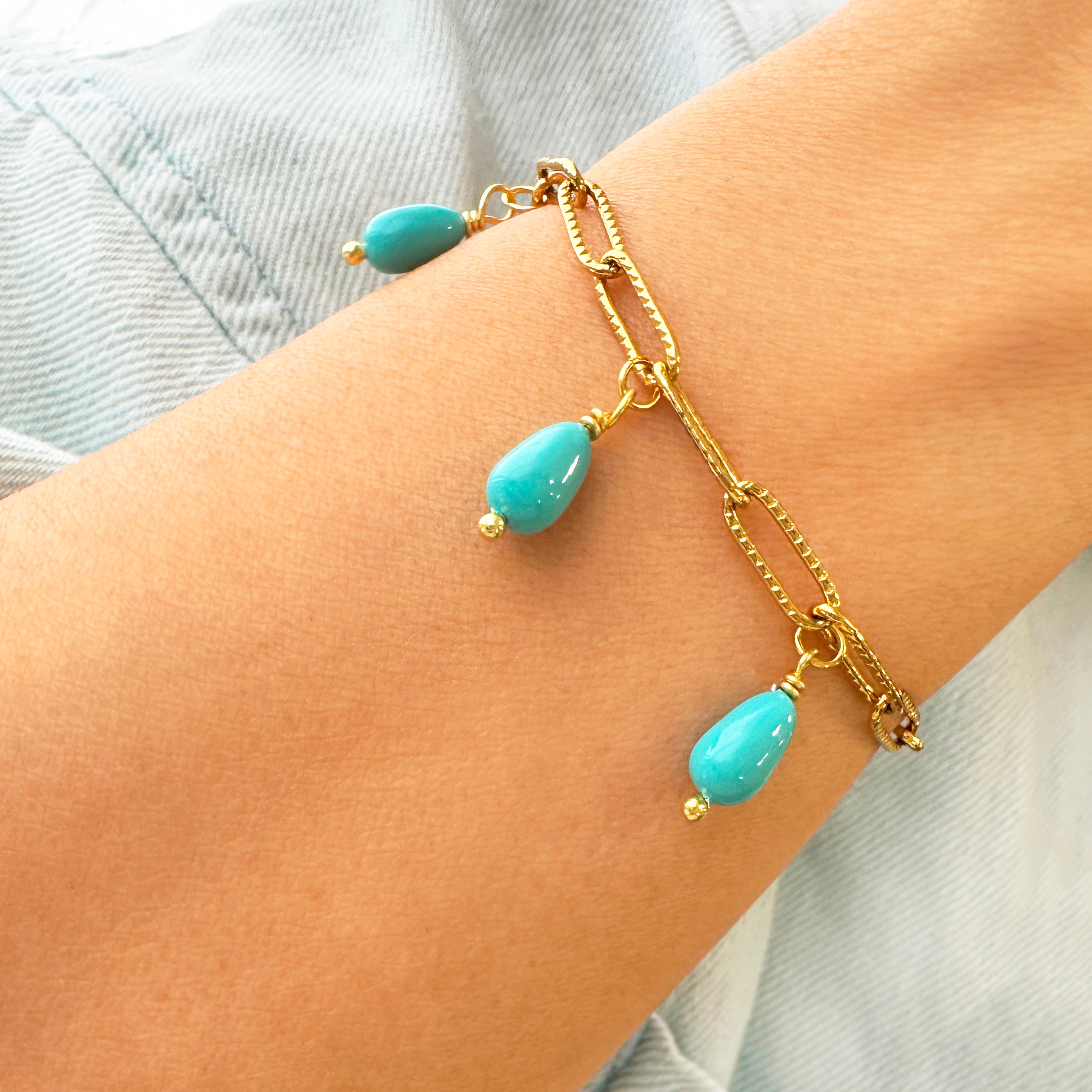 Paperclip chain bracelet with 3  Turquoise drop gems