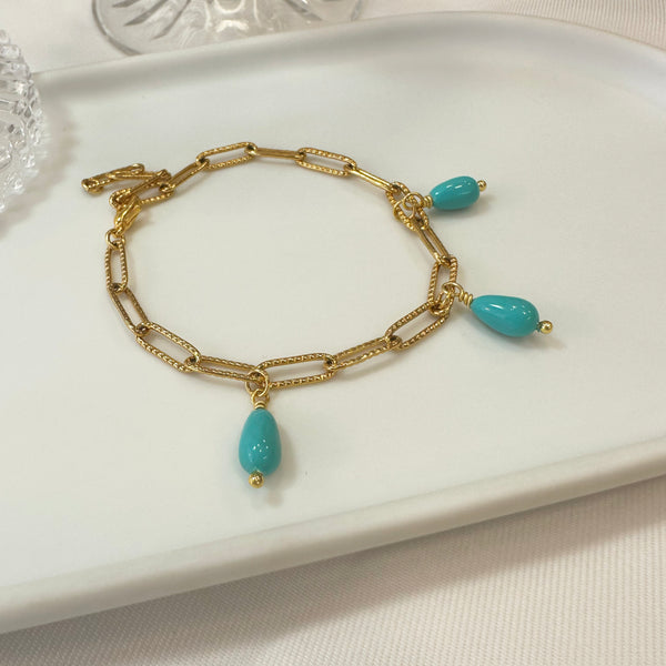 Paperclip chain bracelet with 3  Turquoise drop gems