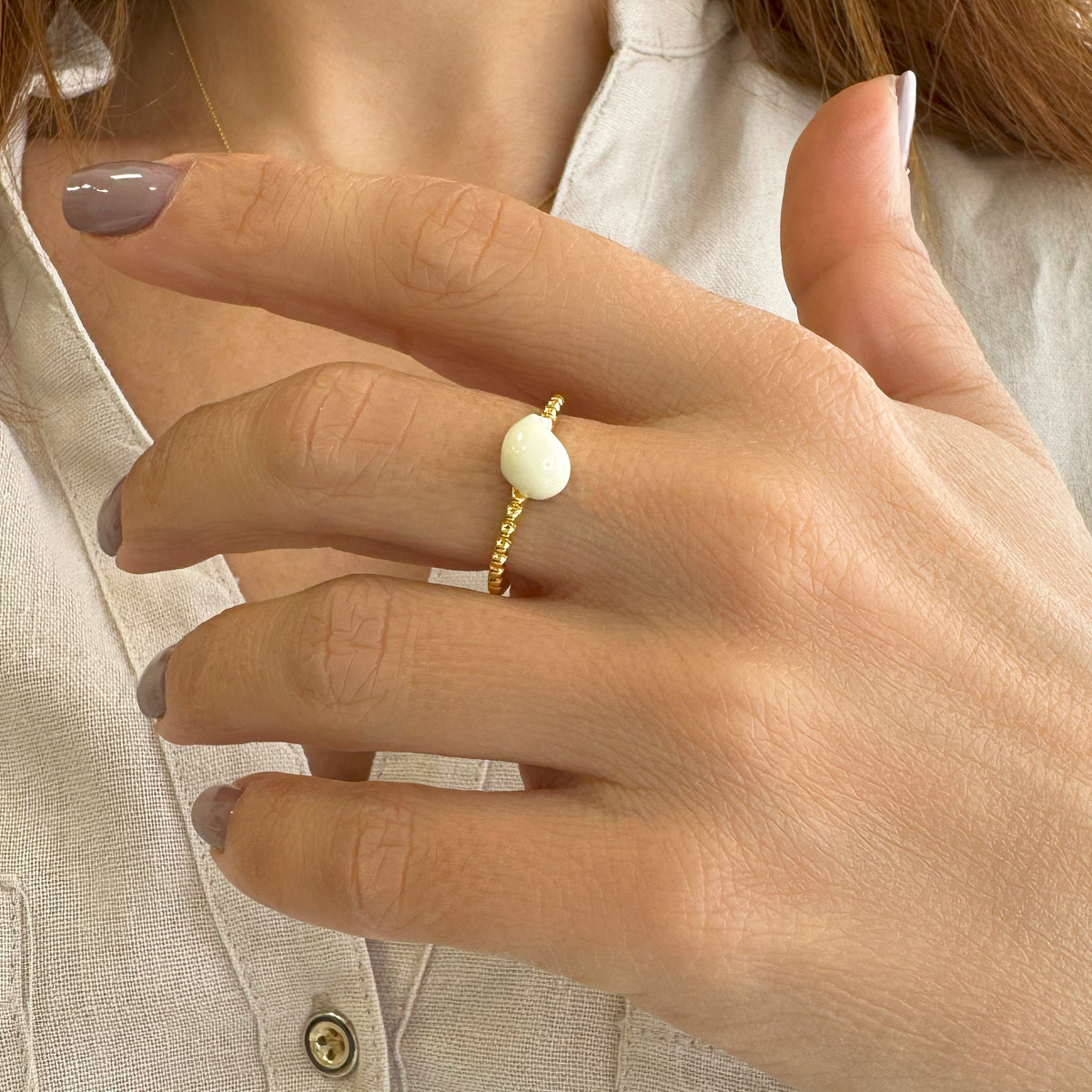 Tiny white drop ring, Adjustable, Silver 925