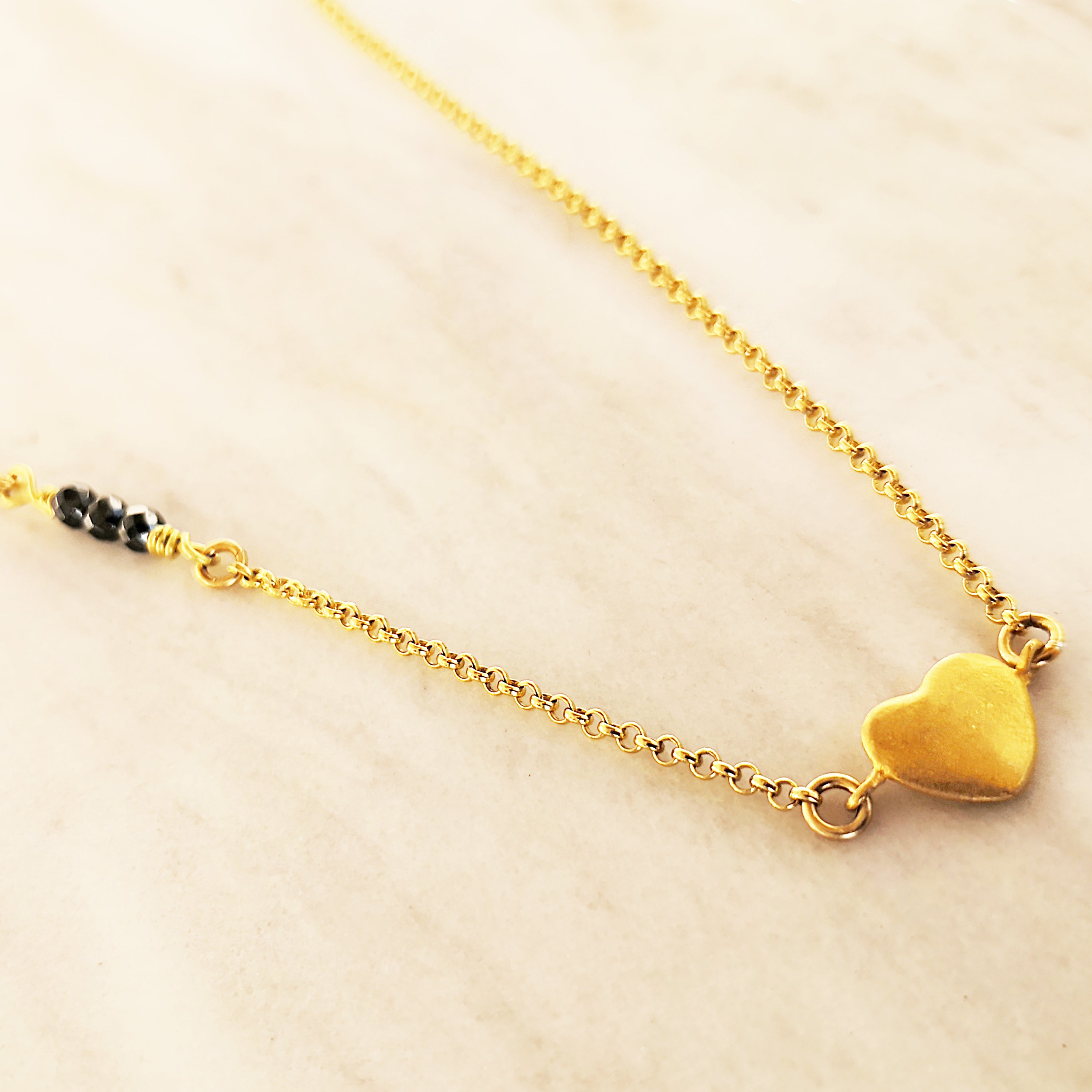 Minimal Necklace with hematite stones & Heart Pendant