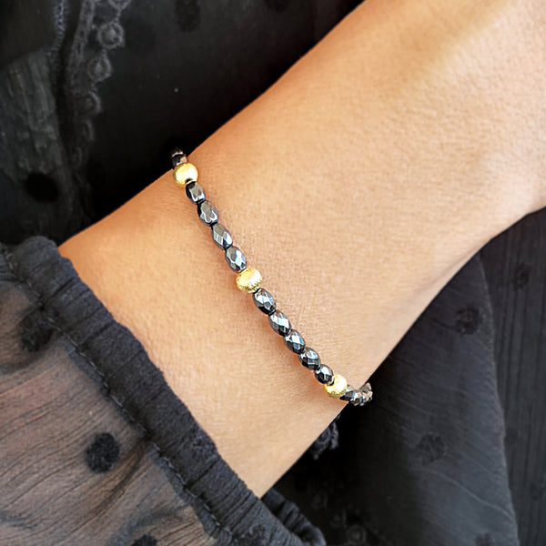 Dainty Boho Hematite Bracelet with gold beads