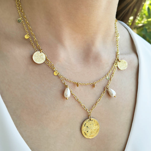 Greek coins & Pearls Necklace in 2 Layers! 24K gold filled