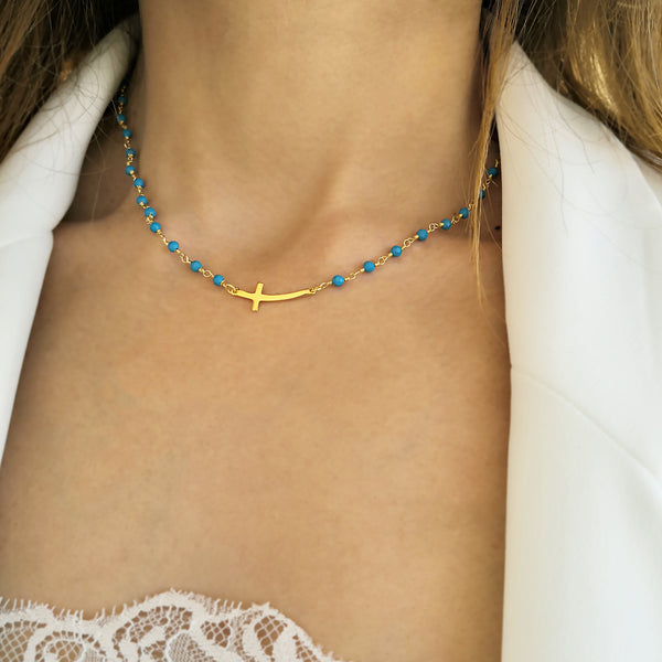Side Cross Necklace with Tiny Cross Pendant & Turquoise gems